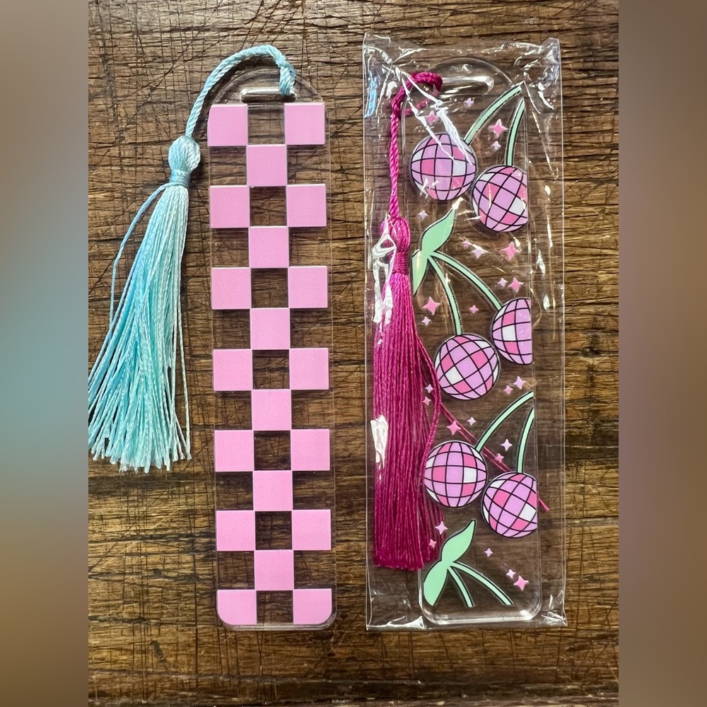 Bookmark Pink Checkered and Cherry Bookmarks with Tassels